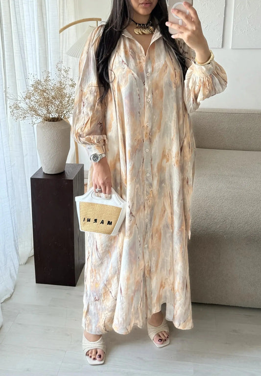Abaya Fluide à Cravate Imprimée – Taupe & Beige NANA ZONE