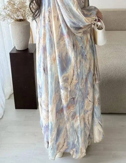 Abaya Fluide à Cravate Imprimé marbré bleu